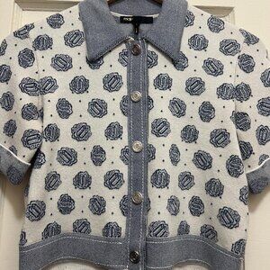 Maje White and Navy Patterned Button-Down Short Sleeve Top